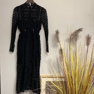 Self Portrait Black Lace Midi Dress with Cutouts, Long Sleeve and High Neck